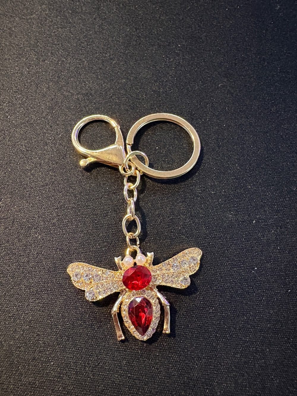 Gold Bee Bag Charm/Keychain with Red Crystal Accents